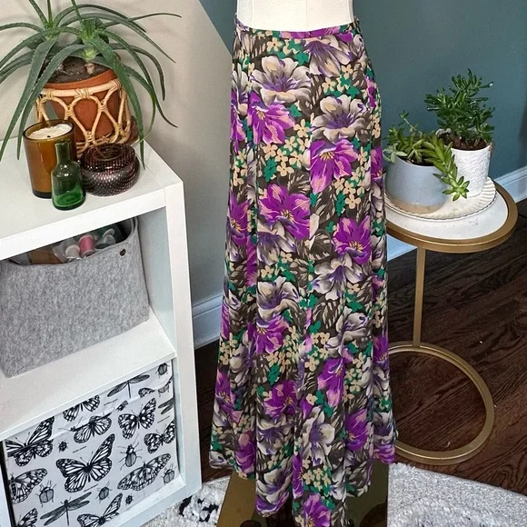 Dana Buchman 100% Silk Vintage Bias-Cut Floral Midi Skirt Size 4 Y2K Late 90s - Picture 5 of 12